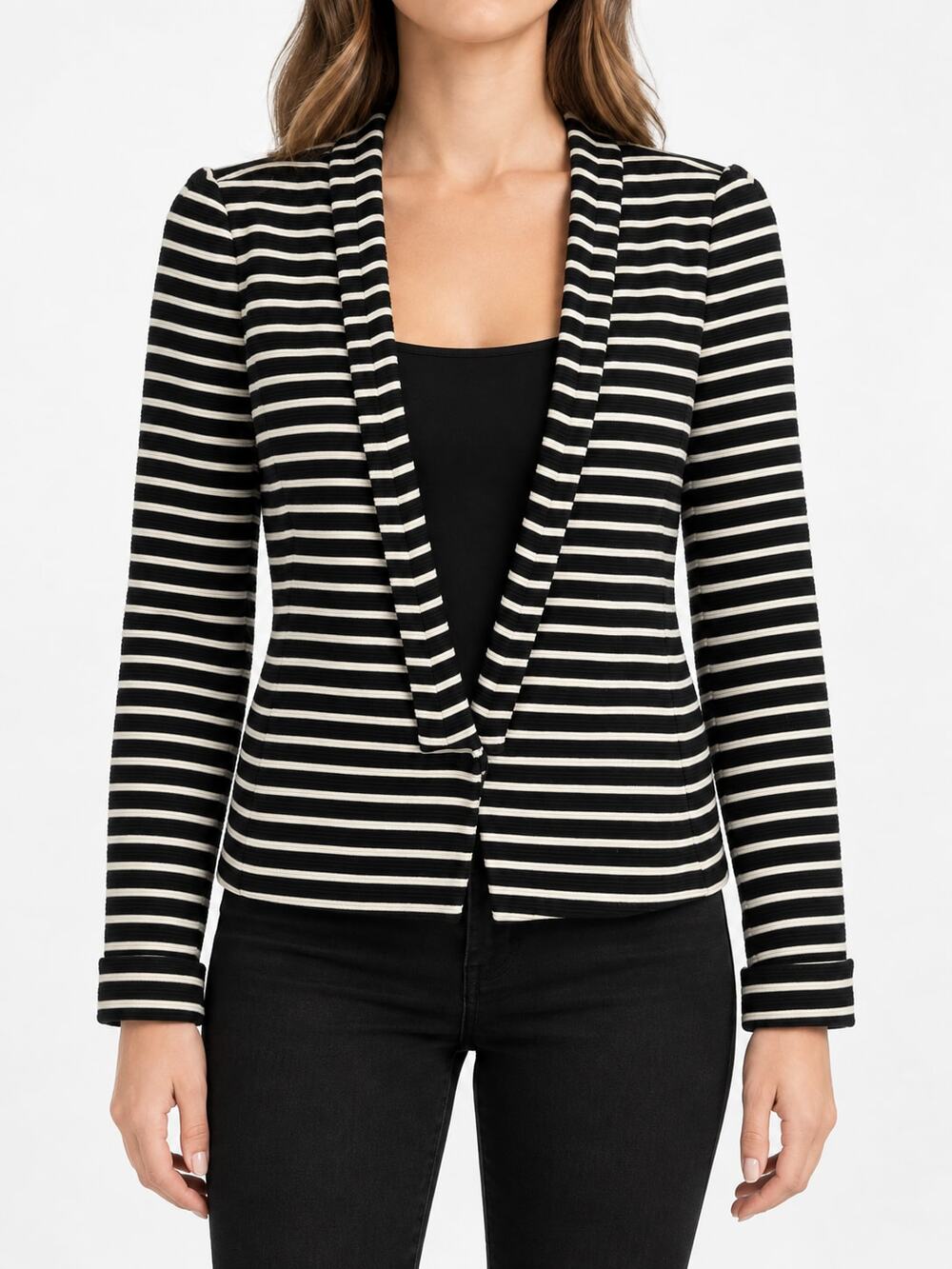 BCBGMAXAZRIA Women's Black Ivory Striped Textured Knit Hook-Front Blazer XXS